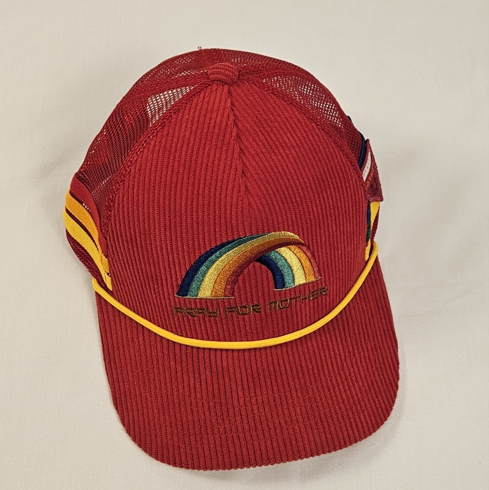 Vintage-Inspired Red Corduroy Trucker Hat – "Pray For Mother" Rainbow Patch Mesh